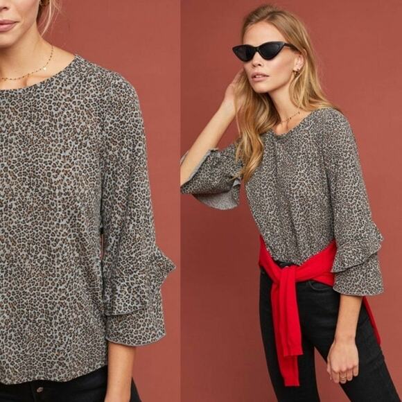 Anthropologie t.la Animal Print Chelsea Ruffled Tee - Size XS - Picture 1 of 6